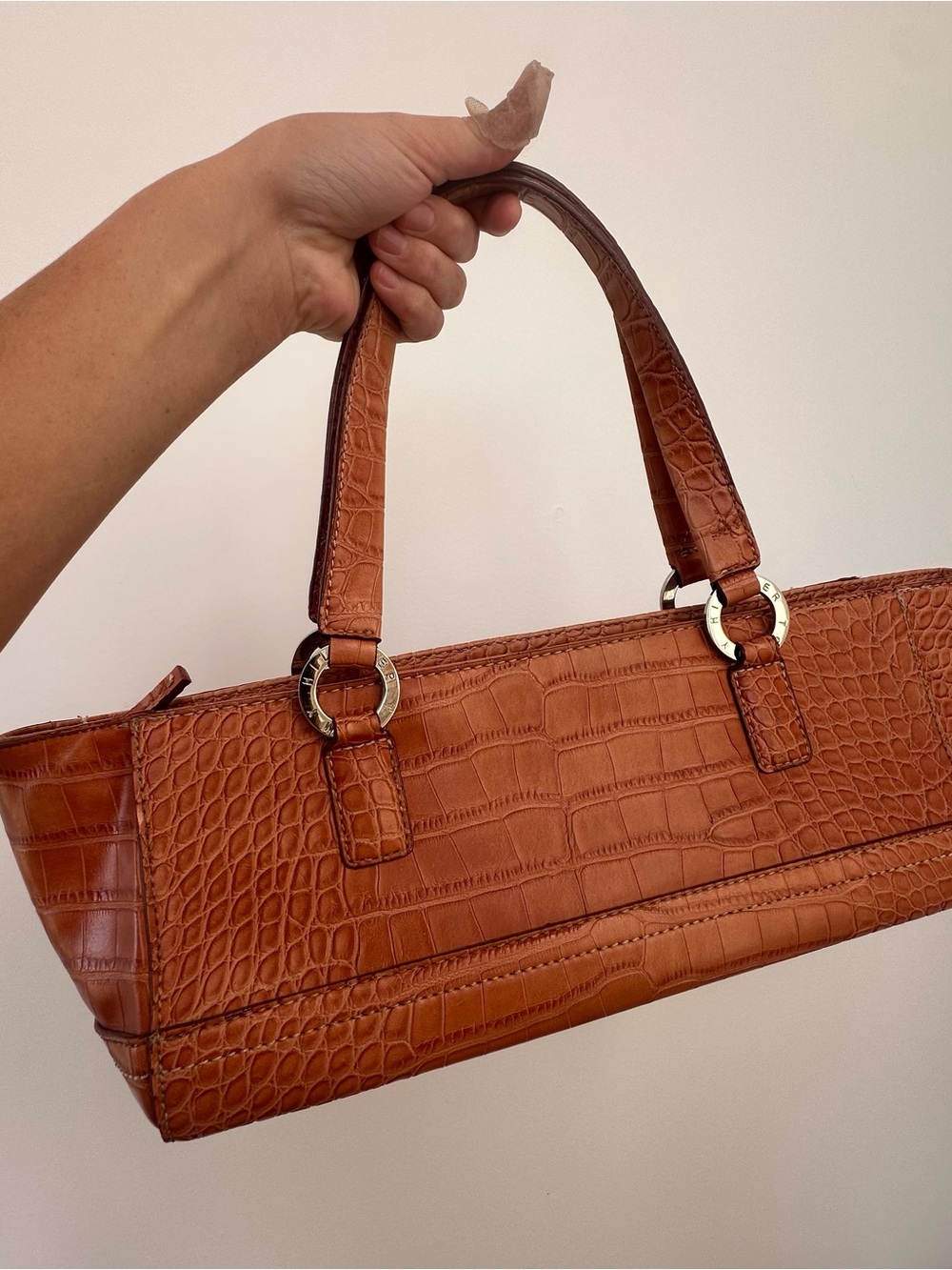 Brown Croc-Embossed baguette shaped Bag by Tommy Hilfiger